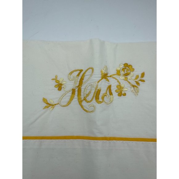 Vintage Yellow Embroidered Cross Stitch Pillow Cases Floral Circles "Hers" - Picture 6 of 6